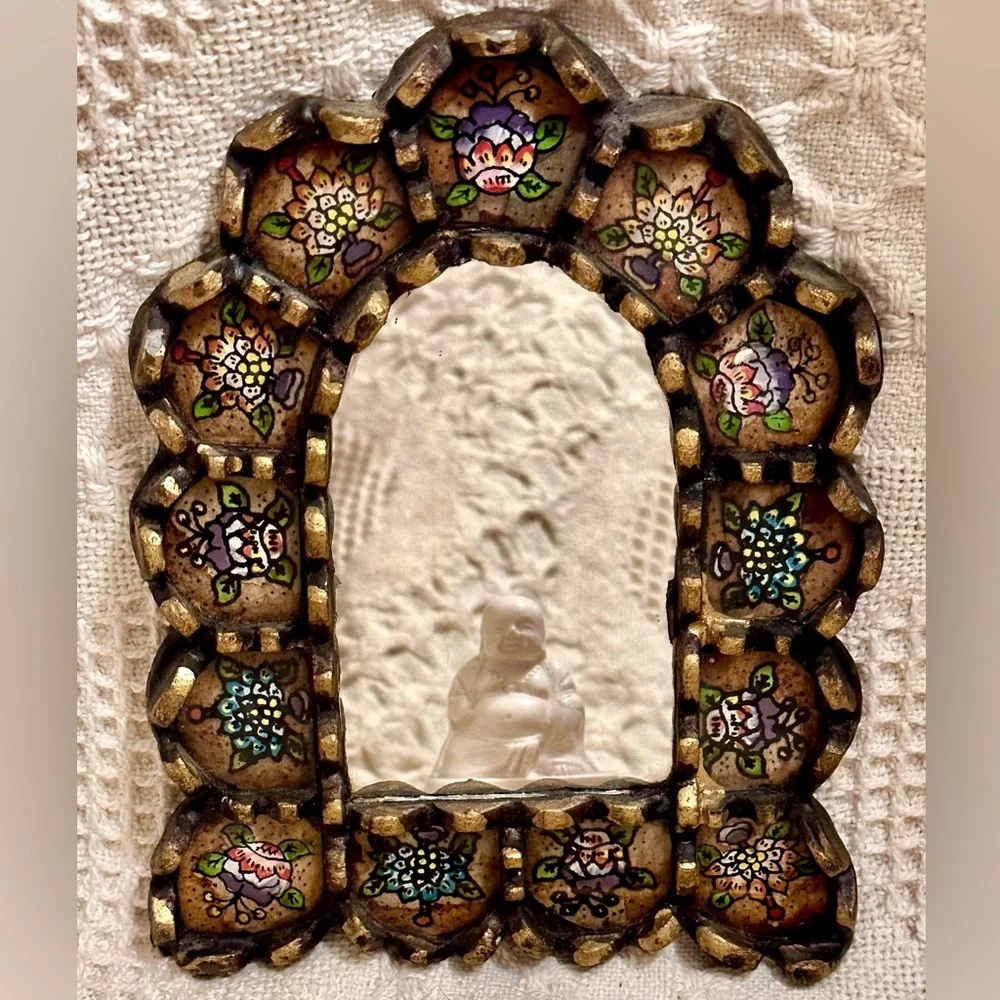 Handcrafted Floral Motifs Painted Glass Wood Arch Wall Mirror Black Bronze Leaf